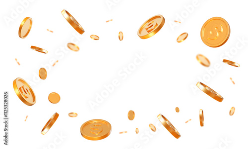 3d realistic flying golden coins with dollar currency sign with effect bokeh on white isolated background. Rich or casino luck concept. Precious expensive treasure. Stock vector illustration.