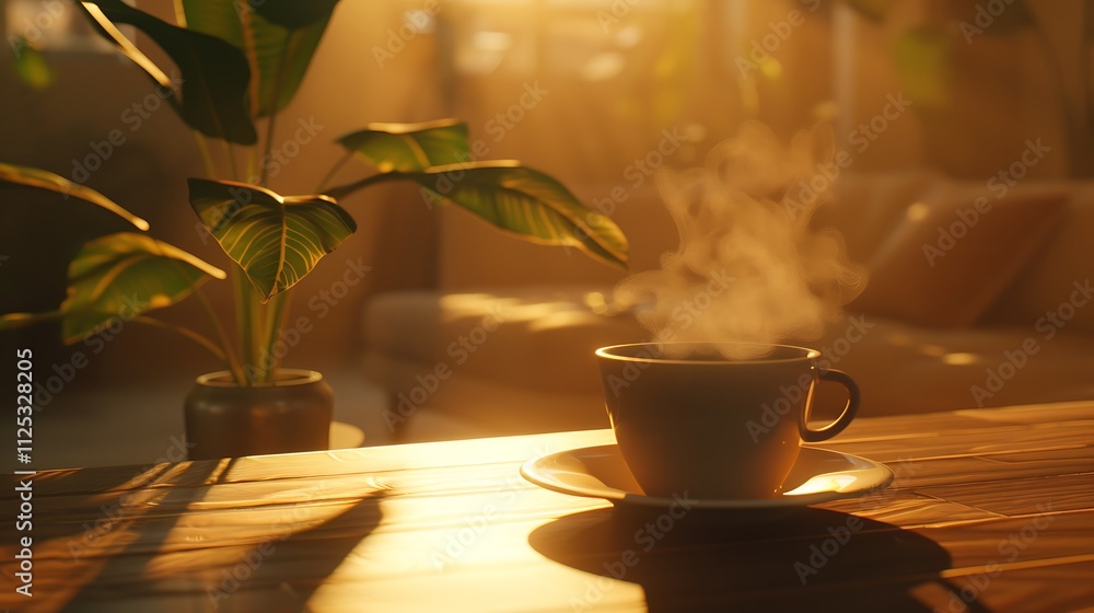 A warm, inviting cup of coffee with steam rising in the soft light of morning A warm, inviting cup of coffee with steam rising in the soft light of morning