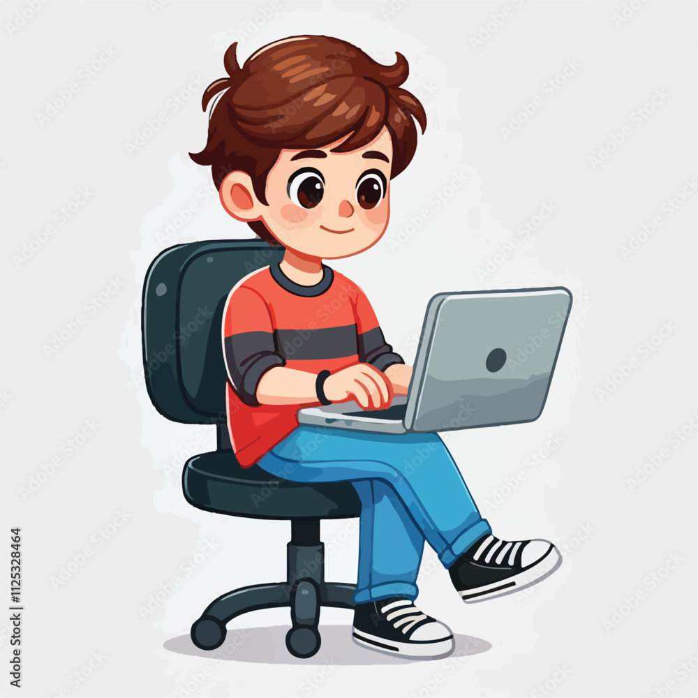 a boy is using his laptop vector a boy is using his laptop vector
