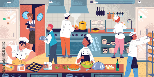 Restaurant kitchen staff. Commercial catering service professional cook team prepares food dishes, restaurants industry people working cooker interior, classy vector illustration