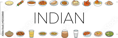 indian cuisine food curry icons set vector. restaurant india, masala chicken, asian tikka, rice traditional, paneer, dish indian cuisine food curry color line illustrations