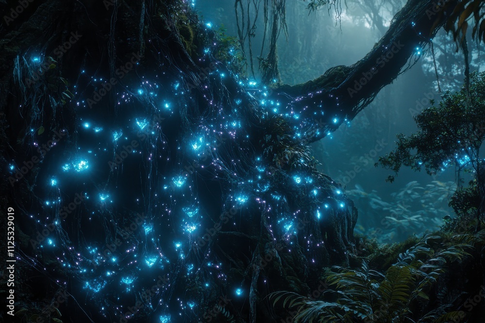 Enchanting Scene of Glowing Alien Foliage Wrapped Around Crystalline Tree Trunks Illuminated by Bioluminescent Vines in a Mystical Forest Enchanting Scene of Glowing Alien Foliage Wrapped Around Crystalline Tree Trunks Illuminated by Bioluminescent Vines in a Mystical Forest