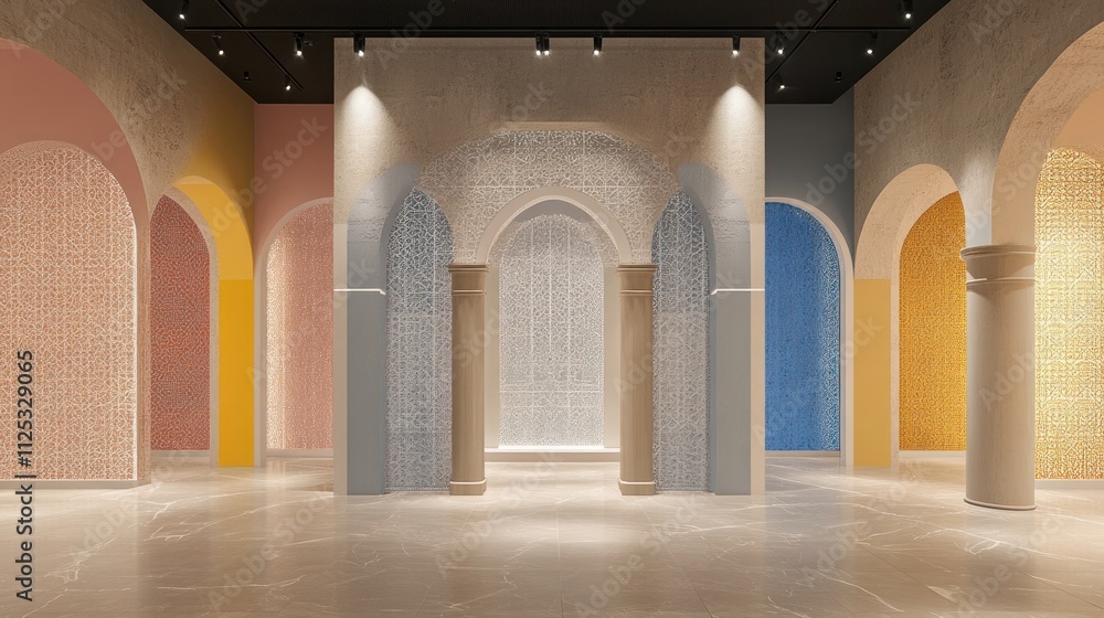 Fototapeta premium Colorful arched hallway with patterned walls and columns.