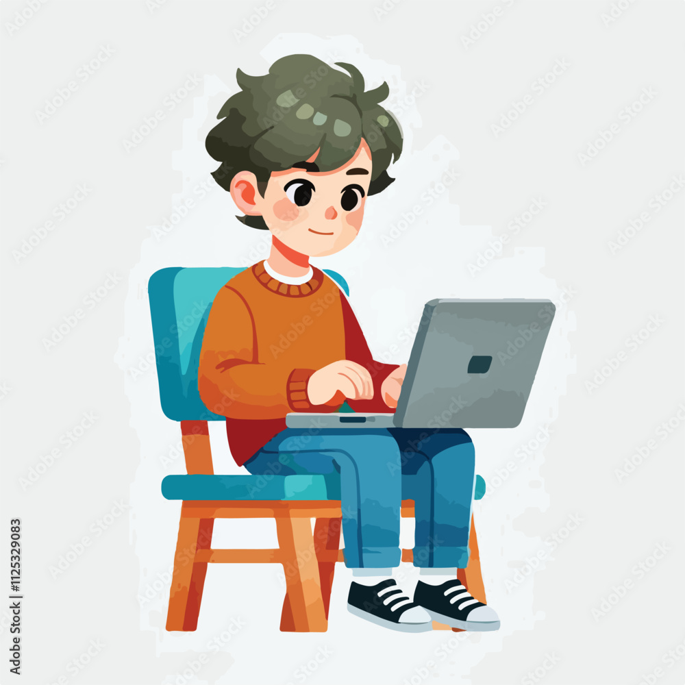 a boy is using his laptop vector a boy is using his laptop vector