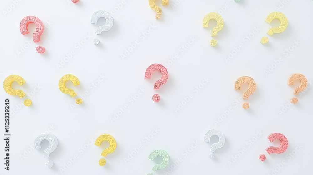 Multiple question mark symbols arranged in a circular pattern on a white background
