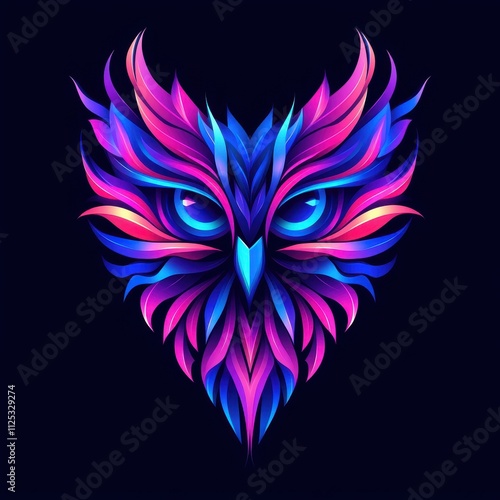 Abstract owl head design with vibrant, colorful, stylized feathers. photo