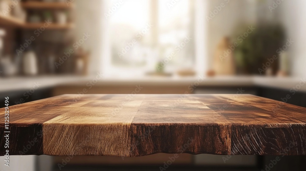 Fototapeta premium Wooden Tabletop In A Blurred Kitchen Setting
