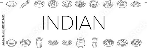 indian cuisine food curry icons set vector. restaurant india, masala chicken, asian tikka, rice traditional, paneer, dish indian cuisine food curry black contour illustrations