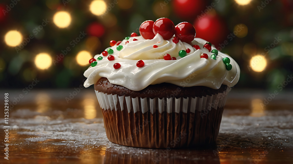 Festive chocolate cupcake with white frosting, red and green sprinkles, and candy on top, against a bokeh Christmas background. Festive chocolate cupcake with white frosting, red and green sprinkles, and candy on top, against a bokeh Christmas background.