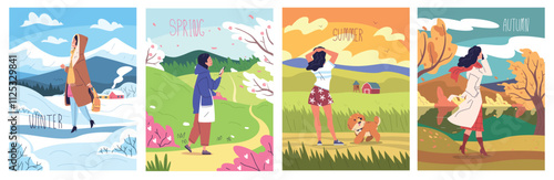 Four seasons woman. Happy girl walk in different season nature landscapes, winter autumn summer spring seasonal hot or cold weather fashion clothing, set classy vector illustration