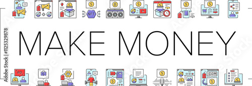 make money internet money online icons set vector. business laptop, computer, earn profit, cash income, home ecommerce, digital media make money internet money online color line illustrations