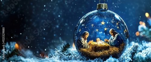 A transparent glass Christmas ornament with the scene of Baby Jesus in the manger inside, a blue background, and stars shining on top, with snow falling Generative AI