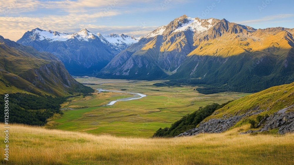 A breathtaking view of mountain and a valley with a river, showcasing nature's beauty at sunset. A breathtaking view of mountain and a valley with a river, showcasing nature's beauty at sunset.