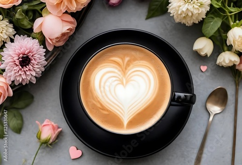 Wallpaper Mural latte art heart on a dark mug, surrounded by flowers and small hearts. Torontodigital.ca