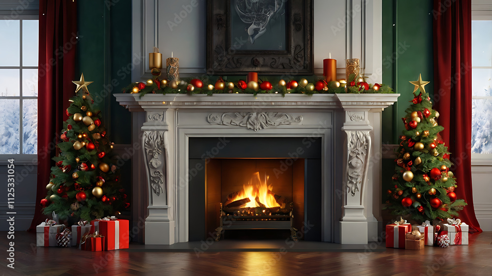 Festive Christmas fireplace scene with decorated trees, presents, and burning fire. Festive Christmas fireplace scene with decorated trees, presents, and burning fire.