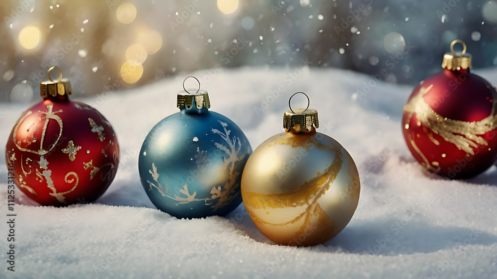 Festive Christmas ornaments in snow. Festive Christmas ornaments in snow.