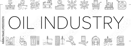 oil industry factory gas plant icons set vector. energy refinery, production power, pipe environment, chemical fuel worker oil industry factory gas plant black contour illustrations