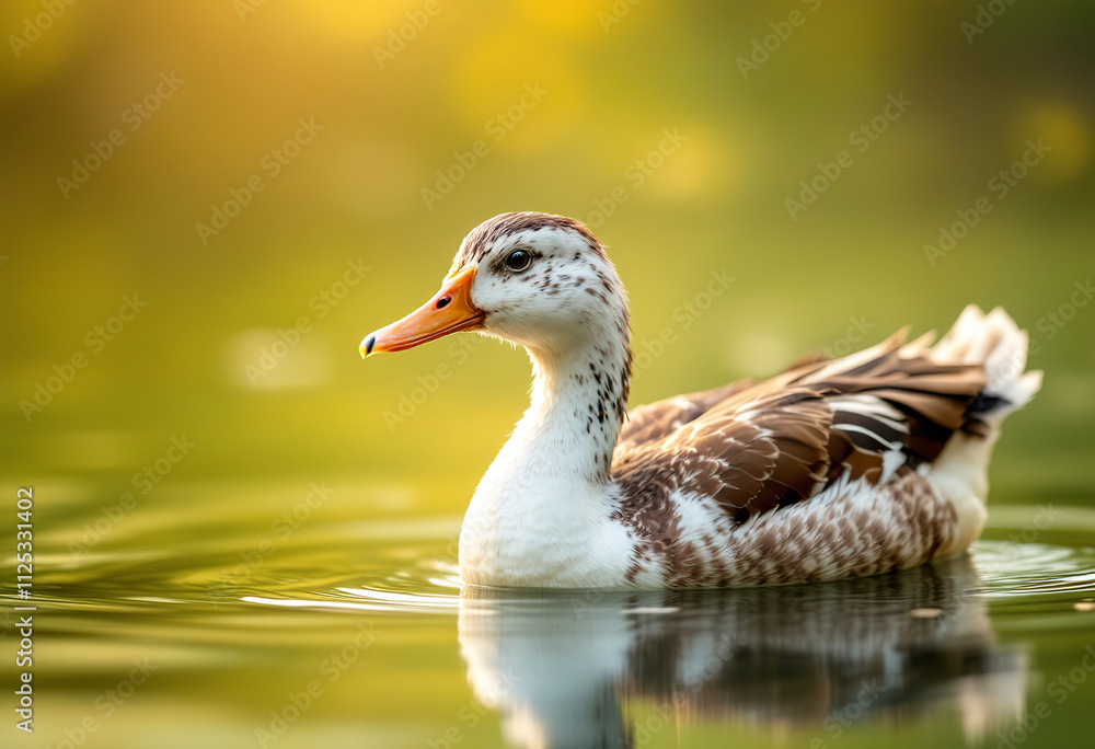 A white duck with brown feathers swimming in a pond with a blurred green and yellow background A white duck with brown feathers swimming in a pond with a blurred green and yellow background