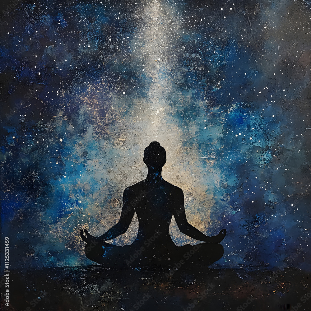 Silhouette meditating under a cosmic sky with stars, symbolizing mindfulness, spirituality, cosmic energy, inner peace, and connection with the universe in a serene atmosphere Silhouette meditating under a cosmic sky with stars, symbolizing mindfulness, spirituality, cosmic energy, inner peace, and connection with the universe in a serene atmosphere