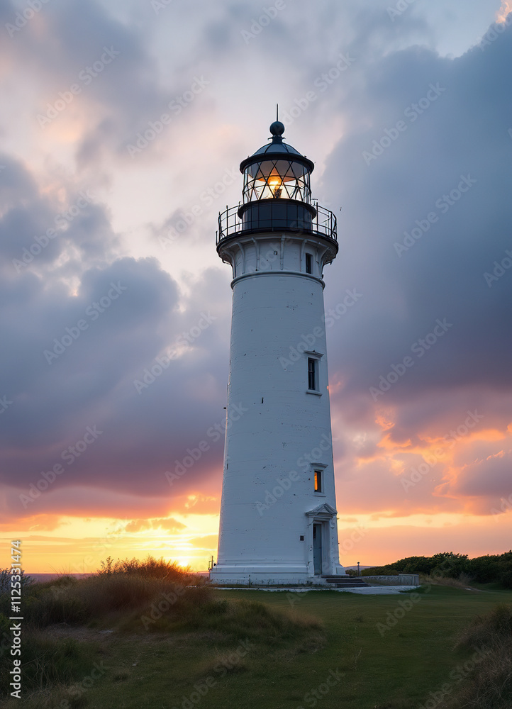 A white lighthouse with a black top stands on a grassy field against a dramatic cloudy sky at sunset A white lighthouse with a black top stands on a grassy field against a dramatic cloudy sky at sunset