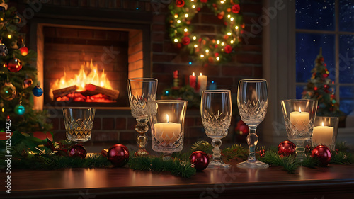 Festive Christmas scene with lit candles and glassware on a table in front of a fireplace and Christmas trees.