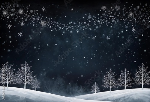 snowy winter night. Bare trees stand on a snow-covered landscape under a starry sky. photo