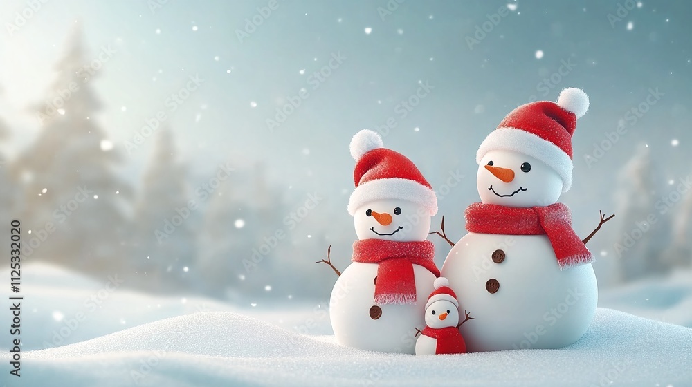 Merry Christmas and happy New Year greeting card with copy-space. Snowmen Family standing in winter Christmas landscape. Winter background
Merry Christmas and happy New Year greeting card with copy-space. Snowmen Family standing in winter Christmas landscape. Winter background