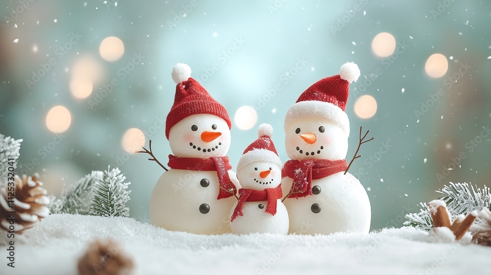 Merry Christmas and happy New Year greeting card with copy-space. Snowmen Family standing in winter Christmas landscape. Winter background
Merry Christmas and happy New Year greeting card with copy-space. Snowmen Family standing in winter Christmas landscape. Winter background