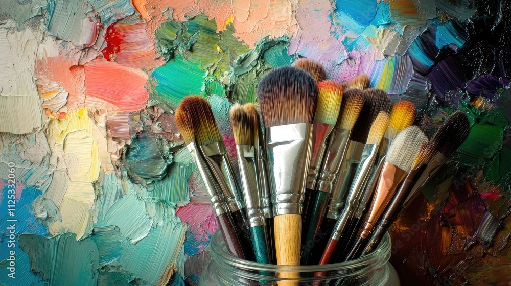 Fototapeta premium Paint brushes resting in a glass jar, with a colorful palette in the background