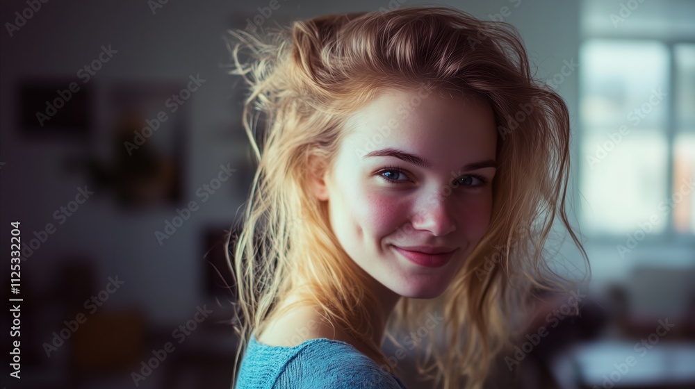 Woman with blonde hair and a blue shirt Woman with blonde hair and a blue shirt