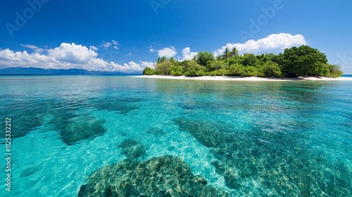 A serene tropical island with clear turquoise waters and lush greenery under a bright blue sky.