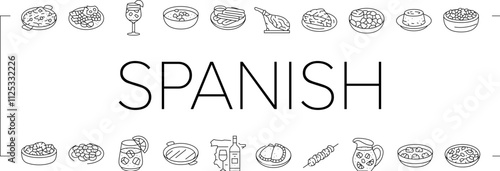spanish cuisine food paella tapas icons set vector. spain dish, plate meat, traditional gourmet, restaurant mediterranean, tortilla spanish cuisine food paella tapas black contour illustrations