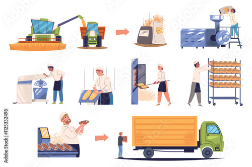 Bakery production. Bread manufacturing industry process, wheat crop processing flour grinding dough kneading mixer industrial machine processing baker, classy vector illustration