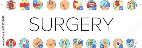 surgery doctor surgeon hospital icons set vector. health surgical, room technology, plastic medical, patient emergency, medicine surgery doctor surgeon hospital color line illustrations