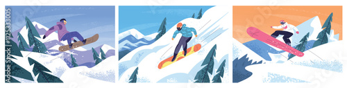 Snowboarders scenes. People snow board riding downhill slope down, man snowboard rider jumping ski resort winter extreme sport outside mountain landscape classy vector illustration