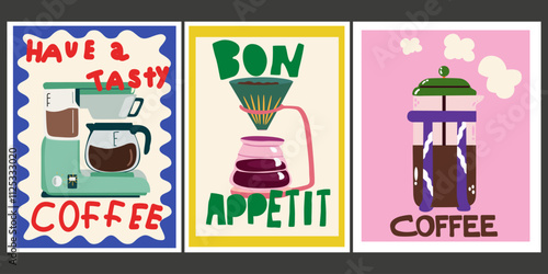 Minimalist banners for wall decor, prints, wallpaper in cute flat style. Decor for kitchens, cafes and coffee shop. Hot aroma coffee drinks. Cute retro coffee posters