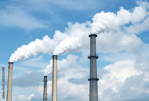 Tall industrial smokestacks emitting white smoke against a blue sky with clouds