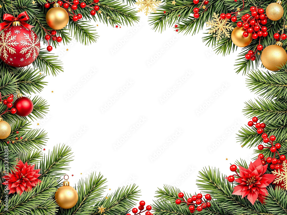 Christmas decoration with Frame the flowers is red and golden poinsettia, Christmas tree, ball, red berry, branch on transparent background Christmas decoration with Frame the flowers is red and golden poinsettia, Christmas tree, ball, red berry, branch on transparent background