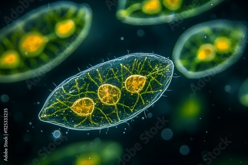 Microscopic view of a single celled organism with glowing green and orange internal structures surrounded by a dark background