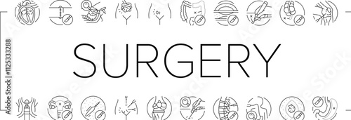 surgery doctor surgeon hospital icons set vector. health surgical, room technology, plastic medical, patient emergency, medicine surgery doctor surgeon hospital black contour illustrations