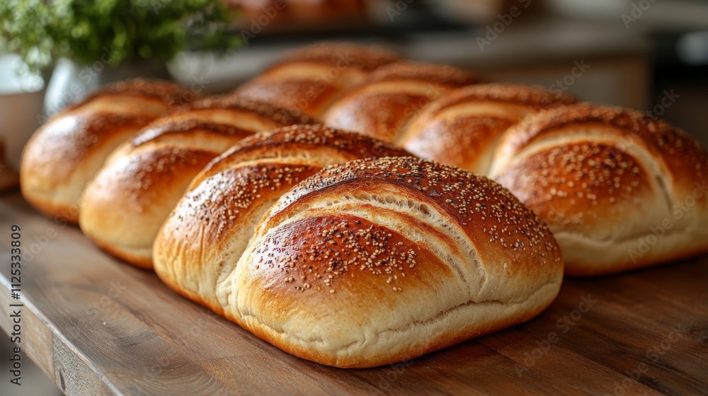 Several golden-brown bread loaves topped with sesame seeds rest on a wooden table. The cozy kitchen background features warm lighting, enhancing the fresh aroma of baked goods. Several golden-brown bread loaves topped with sesame seeds rest on a wooden table. The cozy kitchen background features warm lighting, enhancing the fresh aroma of baked goods.