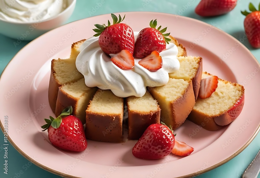 light-colored cake, sliced and topped with whipped cream and fresh strawberries, on a pink plate. light-colored cake, sliced and topped with whipped cream and fresh strawberries, on a pink plate.