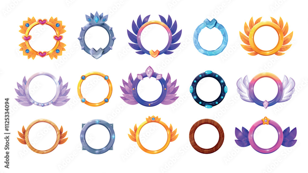 Game avatar borders. Fantasy gaming user avatars circle frames metal gold ice or wooden gui asset elements, level rank round border badge set cartoon swanky vector illustration Game avatar borders. Fantasy gaming user avatars circle frames metal gold ice or wooden gui asset elements, level rank round border badge set cartoon swanky vector illustration