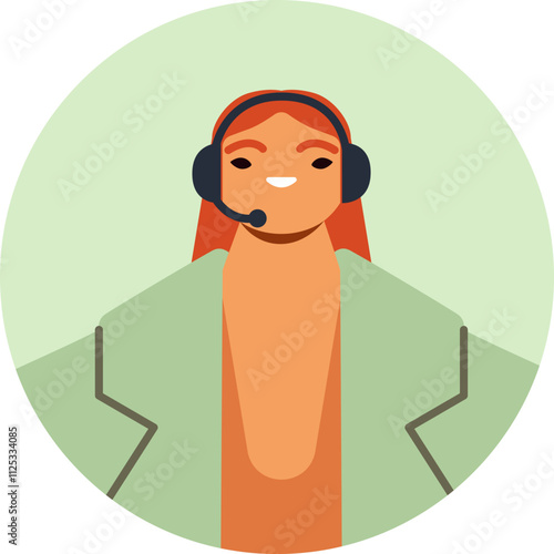 Smiling red haired female customer service or call center representative wearing a headset and a light green jacket, inside a green circle, offering assistance and support