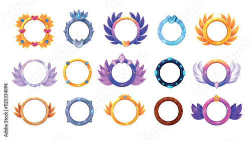 Game avatar borders. Fantasy gaming user avatars circle frames metal gold ice or wooden gui asset elements, level rank round border badge set cartoon swanky vector illustration