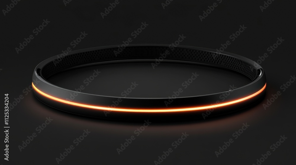 A sleek black wearable device with a glowing orange light, set against a dark background, This image is ideal for promoting smart technology, fitness trackers, or modern lifestyle products, A sleek black wearable device with a glowing orange light, set against a dark background, This image is ideal for promoting smart technology, fitness trackers, or modern lifestyle products,