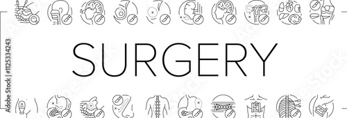 surgery hospital health icons set vector. surgical room, technology plastic, medical patient, emergency medicine, face nose surgery hospital health black contour illustrations