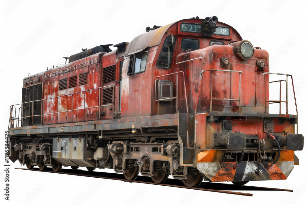 Naklejka premium A vintage diesel locomotive, beautifully weathered, isolated on a white background.