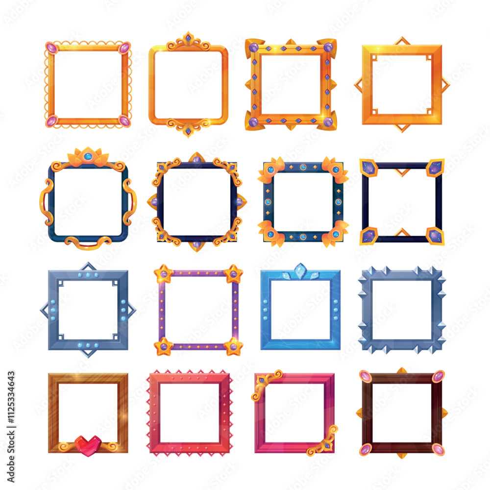 Square avatar frames. Fantasy game user avatar frame, gold silver metal stone wooden different material borders ui asset medieval elements cartoon set swanky vector illustration Square avatar frames. Fantasy game user avatar frame, gold silver metal stone wooden different material borders ui asset medieval elements cartoon set swanky vector illustration
