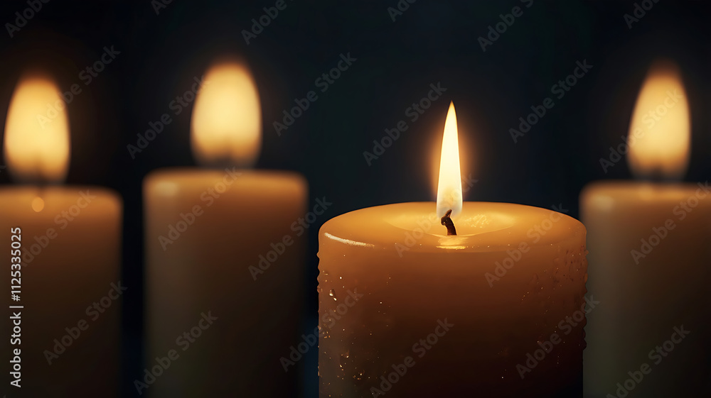 Four lit candles; one in focus, showing water droplets. Four lit candles; one in focus, showing water droplets.